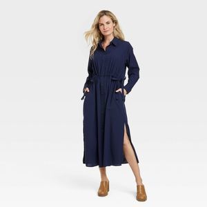Women's Long Sleeve Cinch Waist Maxi Shirtdress - Universal Thread Navy Blue